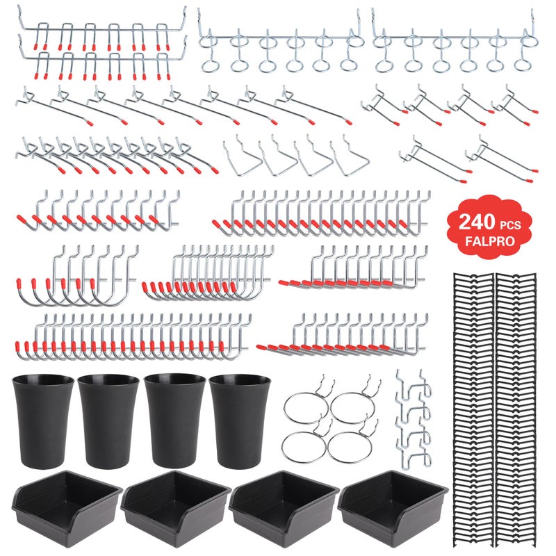FALPRO 240PCS Pegboard Hooks Assortment  Pegboard Organizer Kit with Bins  Cups  1/8 and 1/4 inch Hooks for Hanging Tools  Garage Wall Organization - Image 1